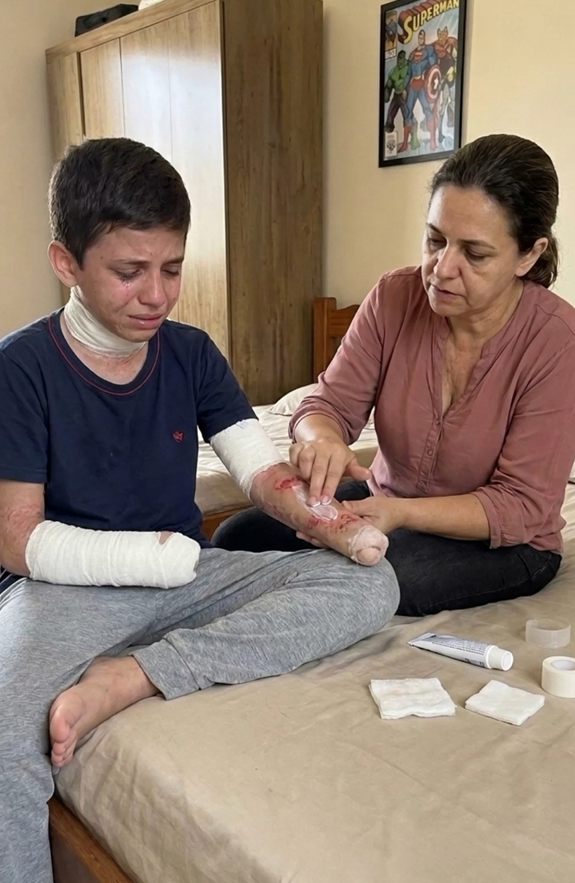 Matheus chorando enquanto sua mãe Eliana faz cuidadosamente os curativos em seus braços